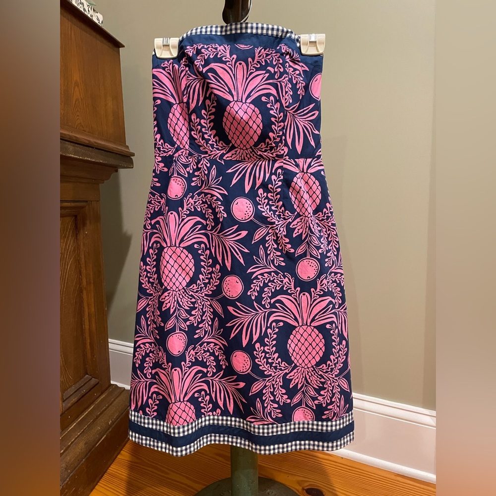 Lilly Pulitzer Strapless Dress in Navy and Pink Pineapple Print